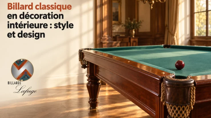 Billard classique décor intérieur en situation avec table en bois noble et tapis vert, ambiance élégante et lumineuse.