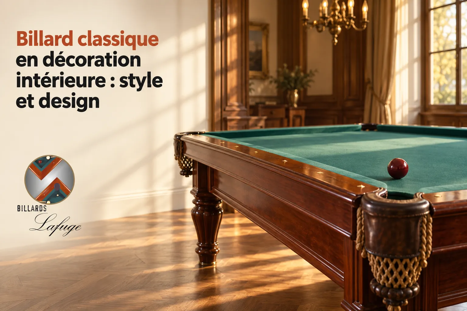 Billard classique décor intérieur en situation avec table en bois noble et tapis vert, ambiance élégante et lumineuse.