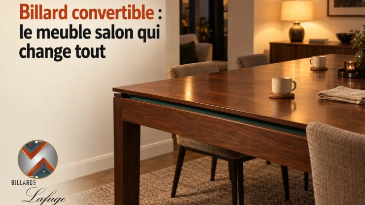 Billard convertible meuble salon : table à manger le jour, billard le soir dans un salon chaleureux avec bois glissé sous la table.