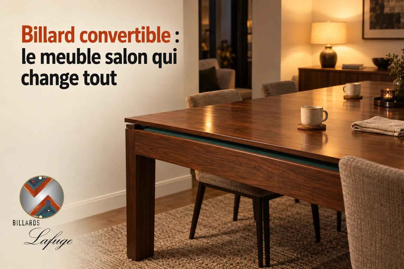 Billard convertible meuble salon : table à manger le jour, billard le soir dans un salon chaleureux avec bois glissé sous la table.