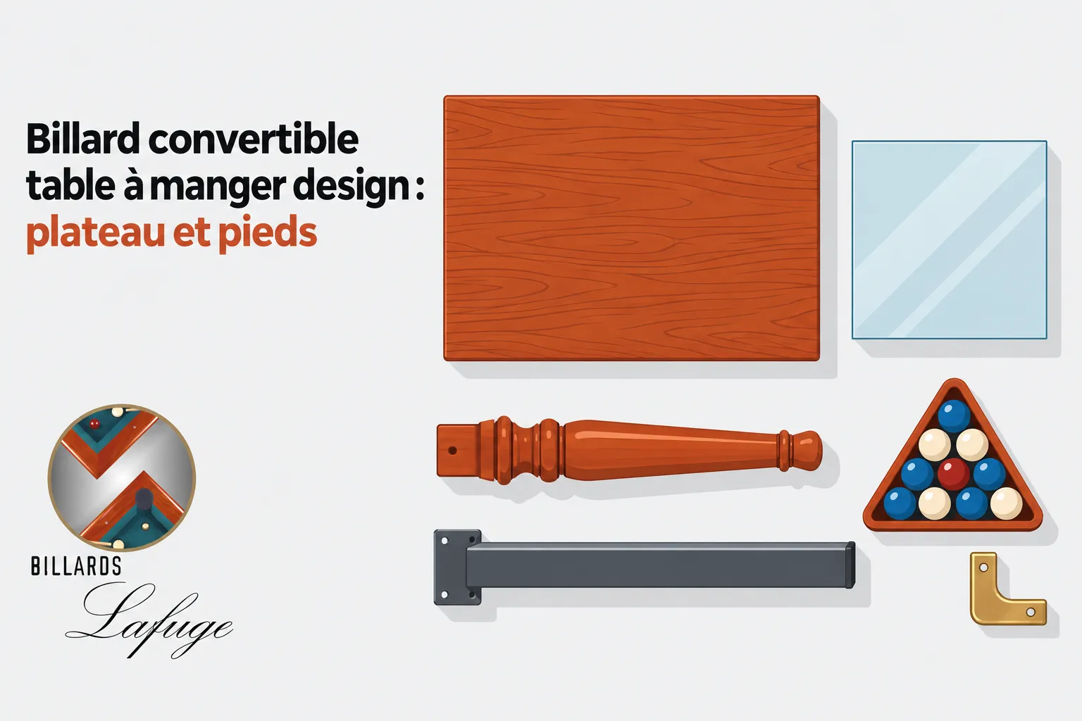 Ensemble d’éléments d’un billard convertible: plateau en bois, pieds et accessoires entourant une queue et des boules.