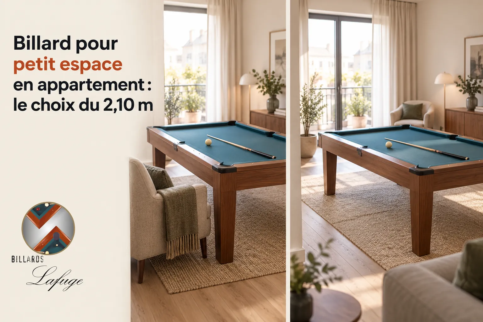 Deux billards de 2,10 m installés dans un salon lumineux avec canapé et plantes.