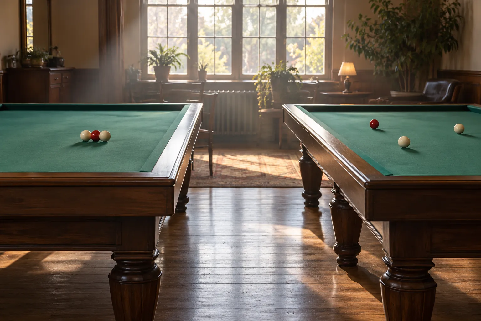 Deux tables de billard sans poches, couvertes de tapis verts et garnies de billes, se font face dans une pièce lumineuse.