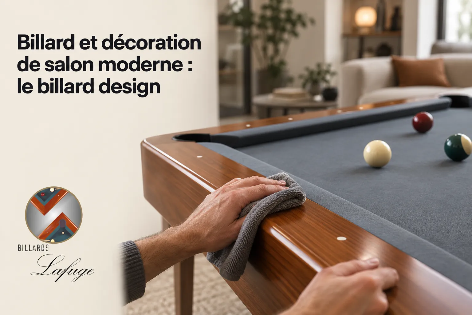Nettoyage d’une nappe bleue sur une table de billard en bois, avec une main qui essuie le bord.