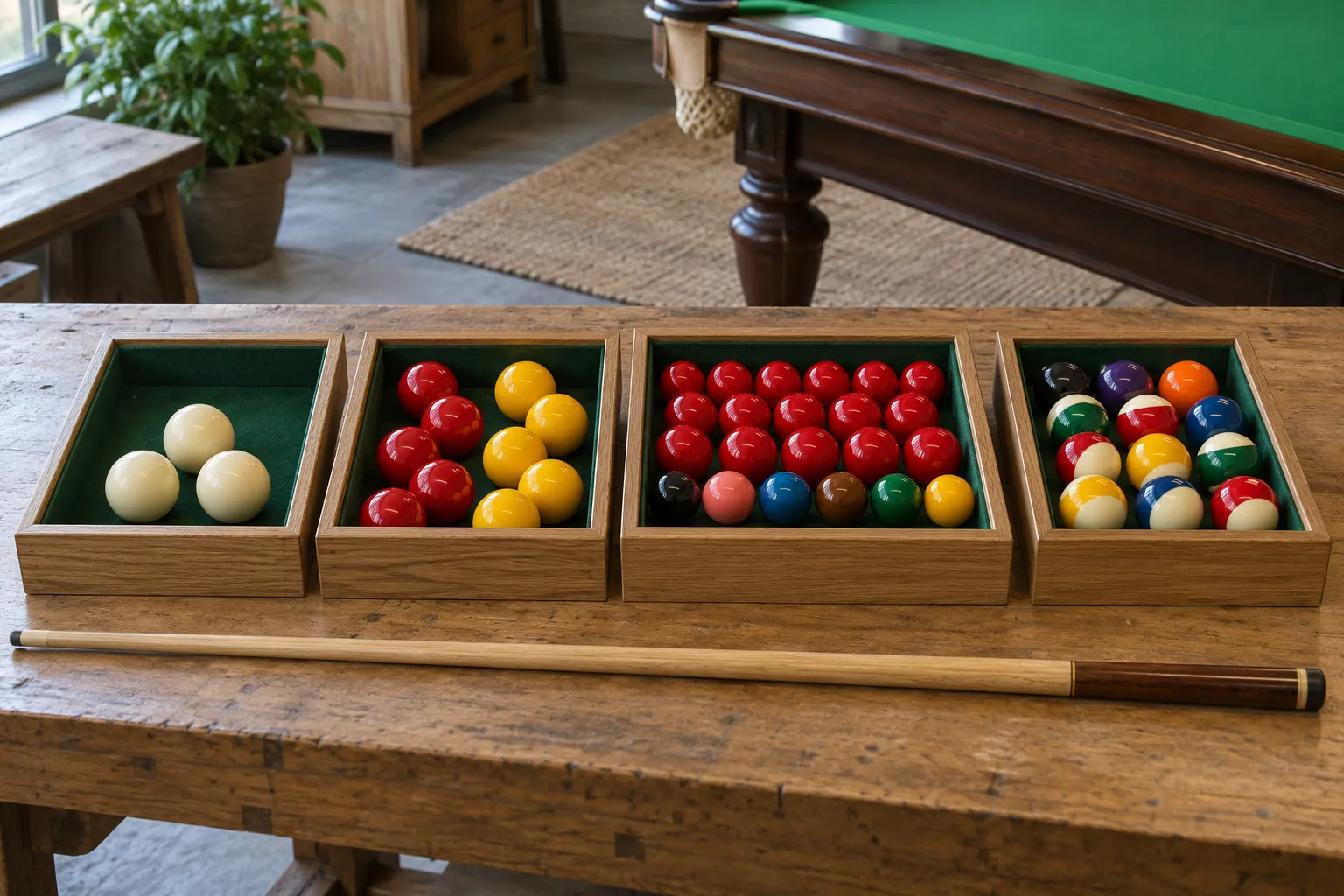 Quatre boîtes en bois contenant des billes de billiard de différentes couleurs alignées sur une table.