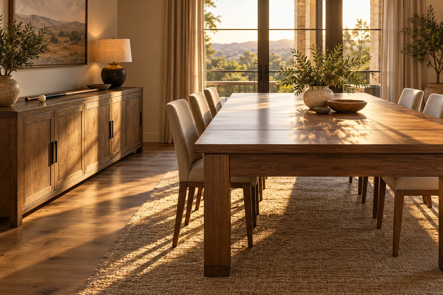 Salle à manger en bois avec table longue et chaises autour, près d’un buffet et d’un grand coffre de rangement sous la