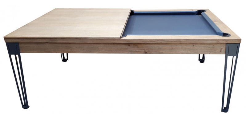 Table de billard convertible en table, avec plateau rabattable et socle métallique sur pieds allongés.